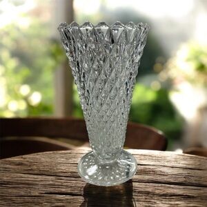 Vintage Indiana Glass Clear Diamond Point Footed 8" Pressed Glass Flower Vase